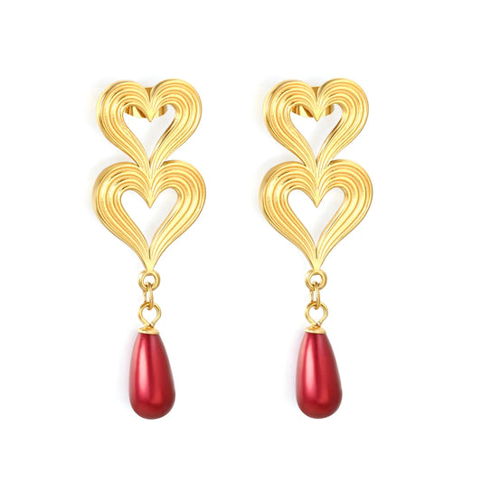 18K Gold Plated Double Heart Red Teardrop Drop Earrings | Wholesale Bulk Order | MOQ 12