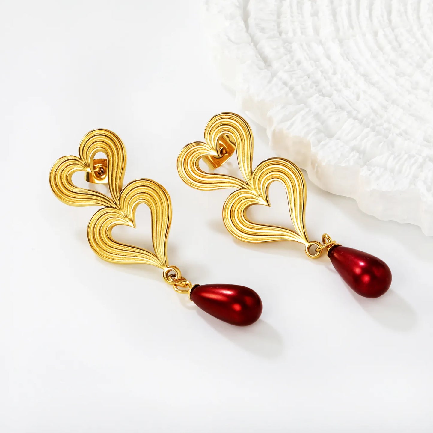 18K Gold Plated Double Heart Red Teardrop Drop Earrings | Wholesale Bulk Order | MOQ 12