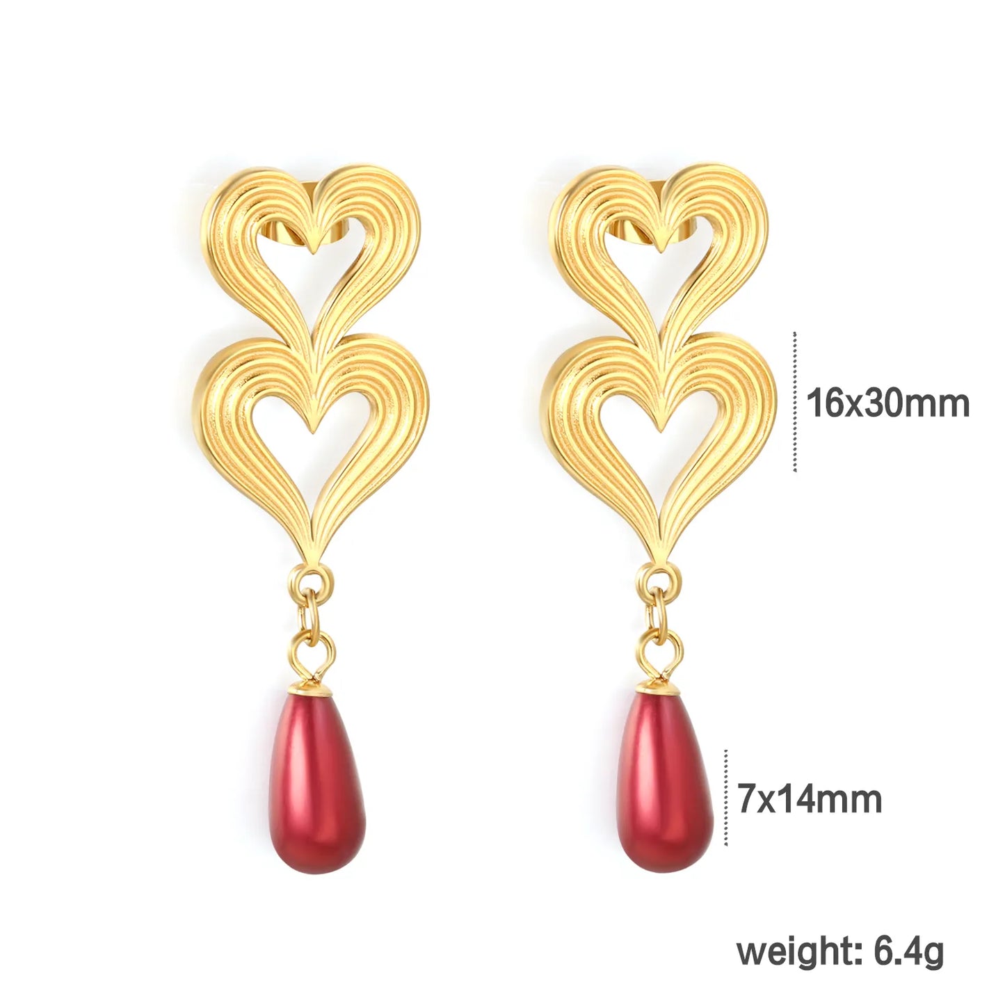 18K Gold Plated Double Heart Red Teardrop Drop Earrings | Wholesale Bulk Order | MOQ 12