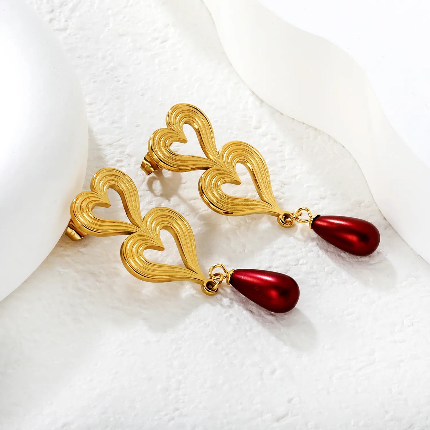 18K Gold Plated Double Heart Red Teardrop Drop Earrings | Wholesale Bulk Order | MOQ 12