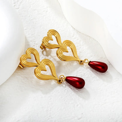 18K Gold Plated Double Heart Red Teardrop Drop Earrings | Wholesale Bulk Order | MOQ 12