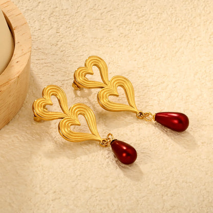 18K Gold Plated Double Heart Red Teardrop Drop Earrings | Wholesale Bulk Order | MOQ 12