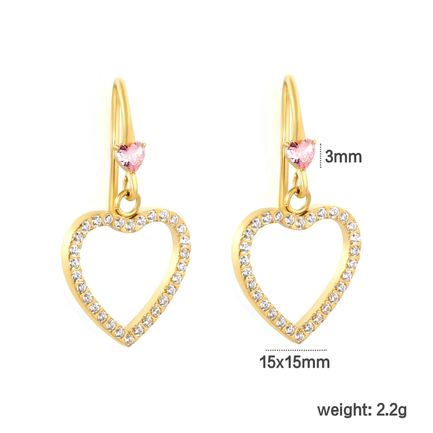 Wholesale Pink Gem Heart with Crystal Heart Hook Earrings | 18K Gold Plated | MOQ 12