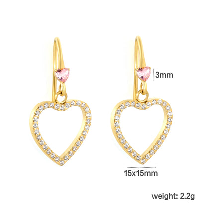 Wholesale Pink Gem Heart with Crystal Heart Hook Earrings | 18K Gold Plated | MOQ 12