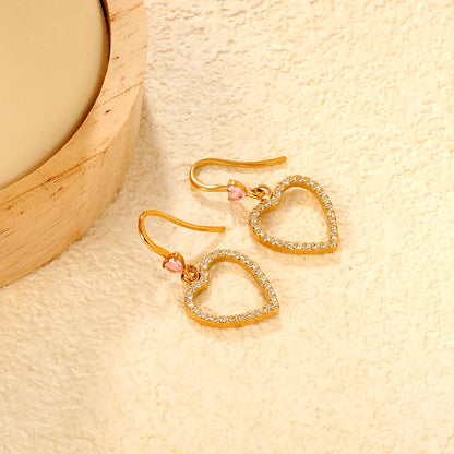 Wholesale Pink Gem Heart with Crystal Heart Hook Earrings | 18K Gold Plated | MOQ 12