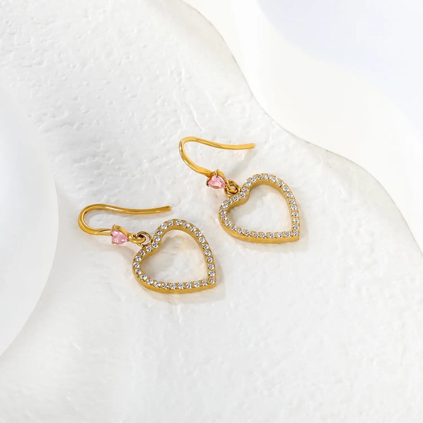 Wholesale Pink Gem Heart with Crystal Heart Hook Earrings | 18K Gold Plated | MOQ 12