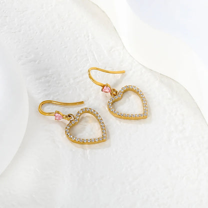 Wholesale Pink Gem Heart with Crystal Heart Hook Earrings | 18K Gold Plated | MOQ 12