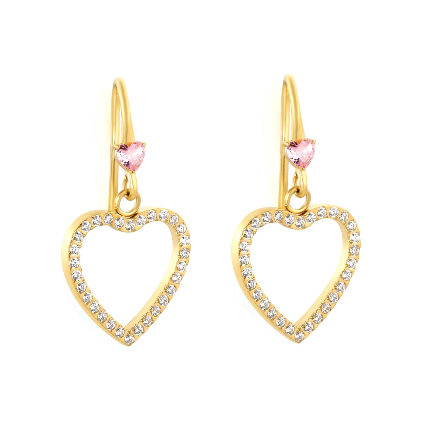 Wholesale Pink Gem Heart with Crystal Heart Hook Earrings | 18K Gold Plated | MOQ 12
