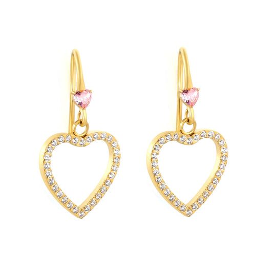 Wholesale Pink Gem Heart with Crystal Heart Hook Earrings | 18K Gold Plated | MOQ 12