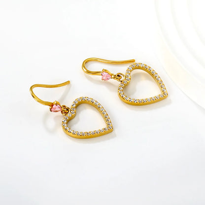 Wholesale Pink Gem Heart with Crystal Heart Hook Earrings | 18K Gold Plated | MOQ 12