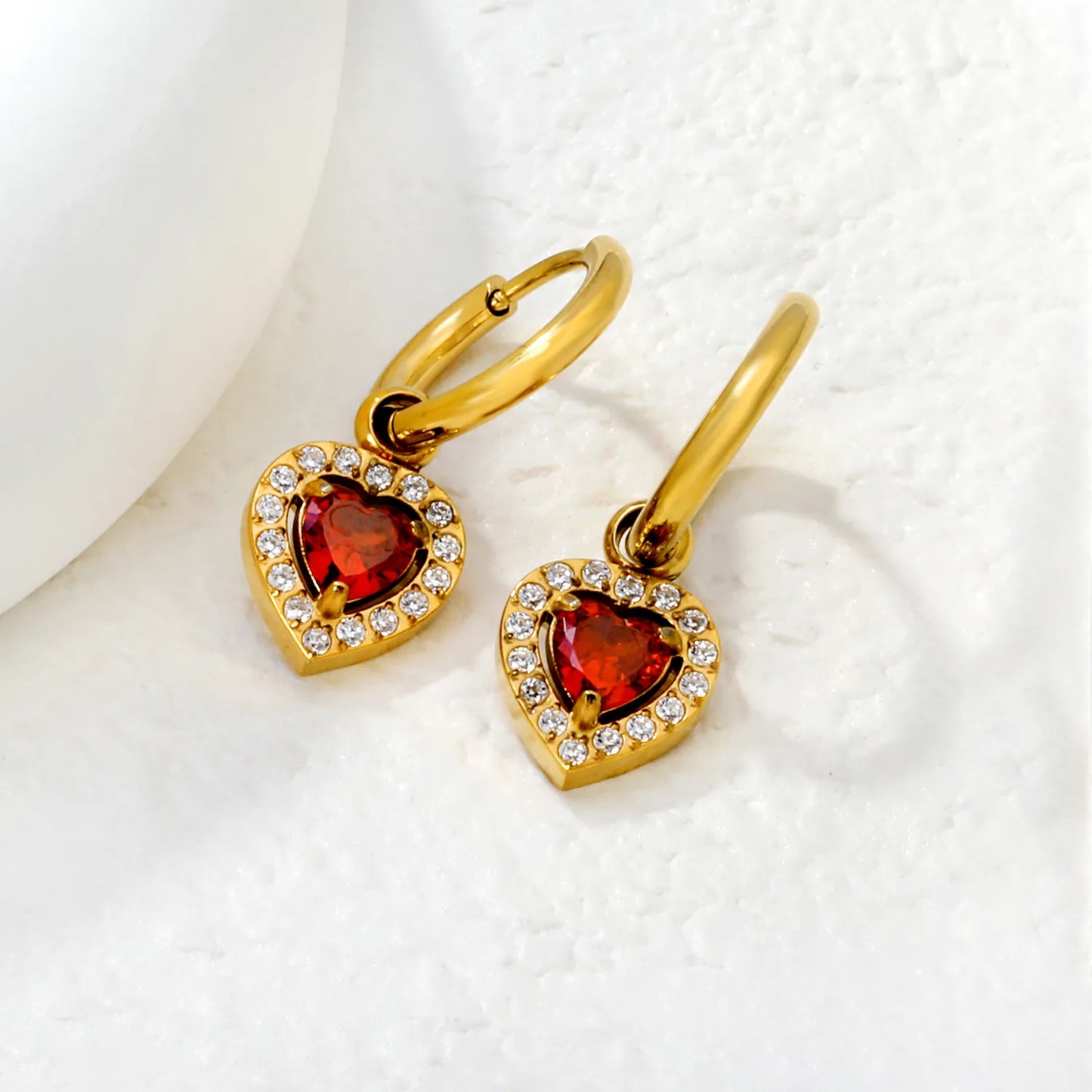 18K Gold Plated Red/Pink/Green Heart Gem Huggie Earrings for Wholesale Bulk Order MOQ 12