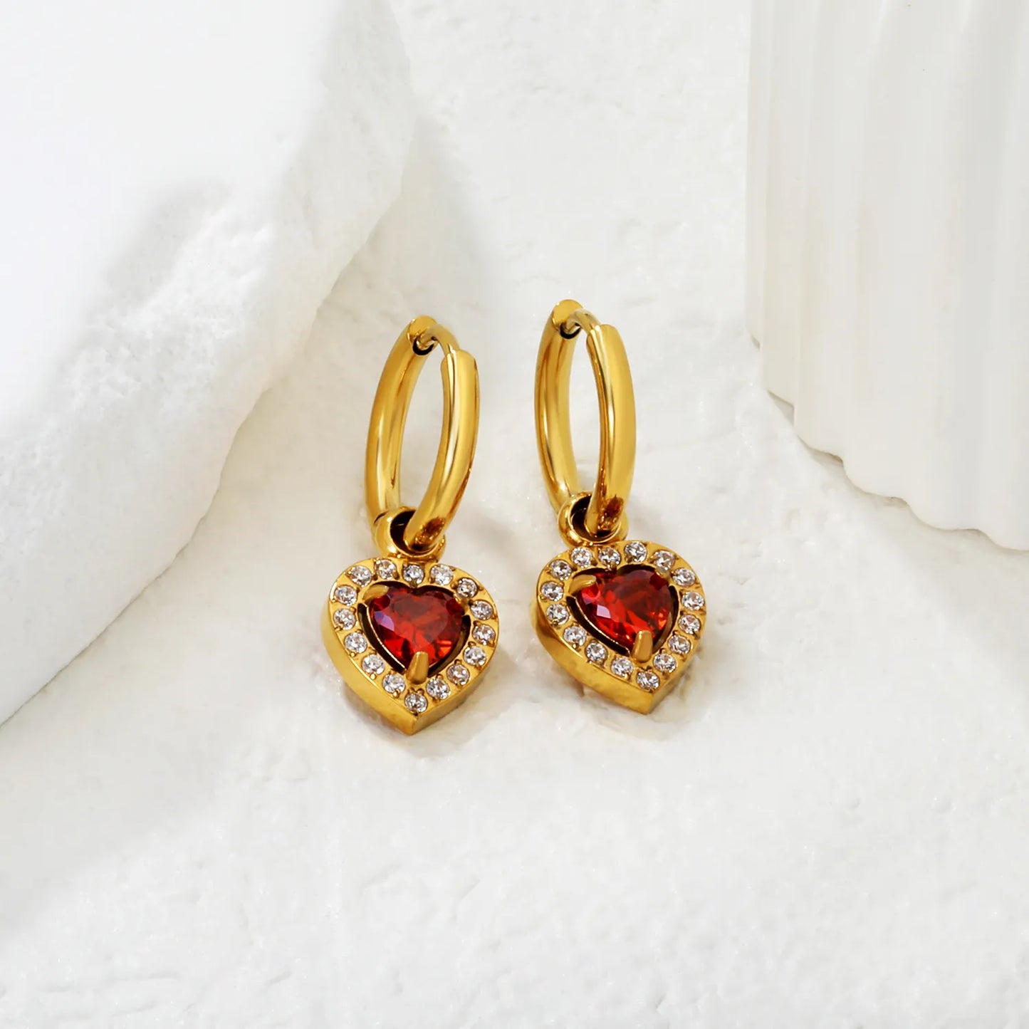 18K Gold Plated Red/Pink/Green Heart Gem Huggie Earrings for Wholesale Bulk Order MOQ 12