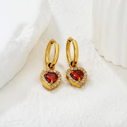 18K Gold Plated Red/Pink/Green Heart Gem Huggie Earrings for Wholesale Bulk Order MOQ 12