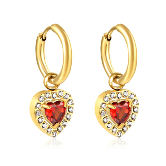 18K Gold Plated Red/Pink/Green Heart Gem Huggie Earrings for Wholesale Bulk Order MOQ 12