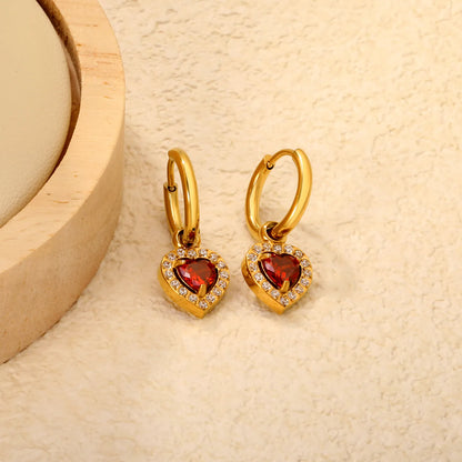 18K Gold Plated Red/Pink/Green Heart Gem Huggie Earrings for Wholesale Bulk Order MOQ 12