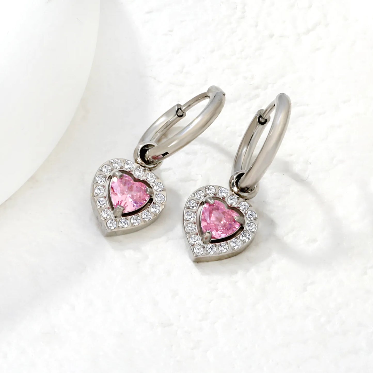 Hypoallergenic Silver Tone Pink & Green Heart Gem Huggie Earring for Wholesale | MOQ 12