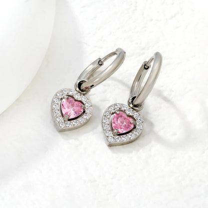 Hypoallergenic Silver Tone Pink & Green Heart Gem Huggie Earring for Wholesale | MOQ 12