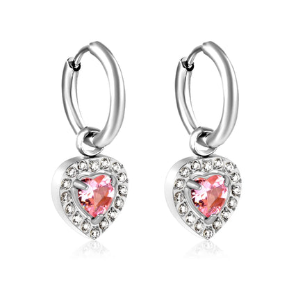 Hypoallergenic Silver Tone Pink & Green Heart Gem Huggie Earring for Wholesale | MOQ 12