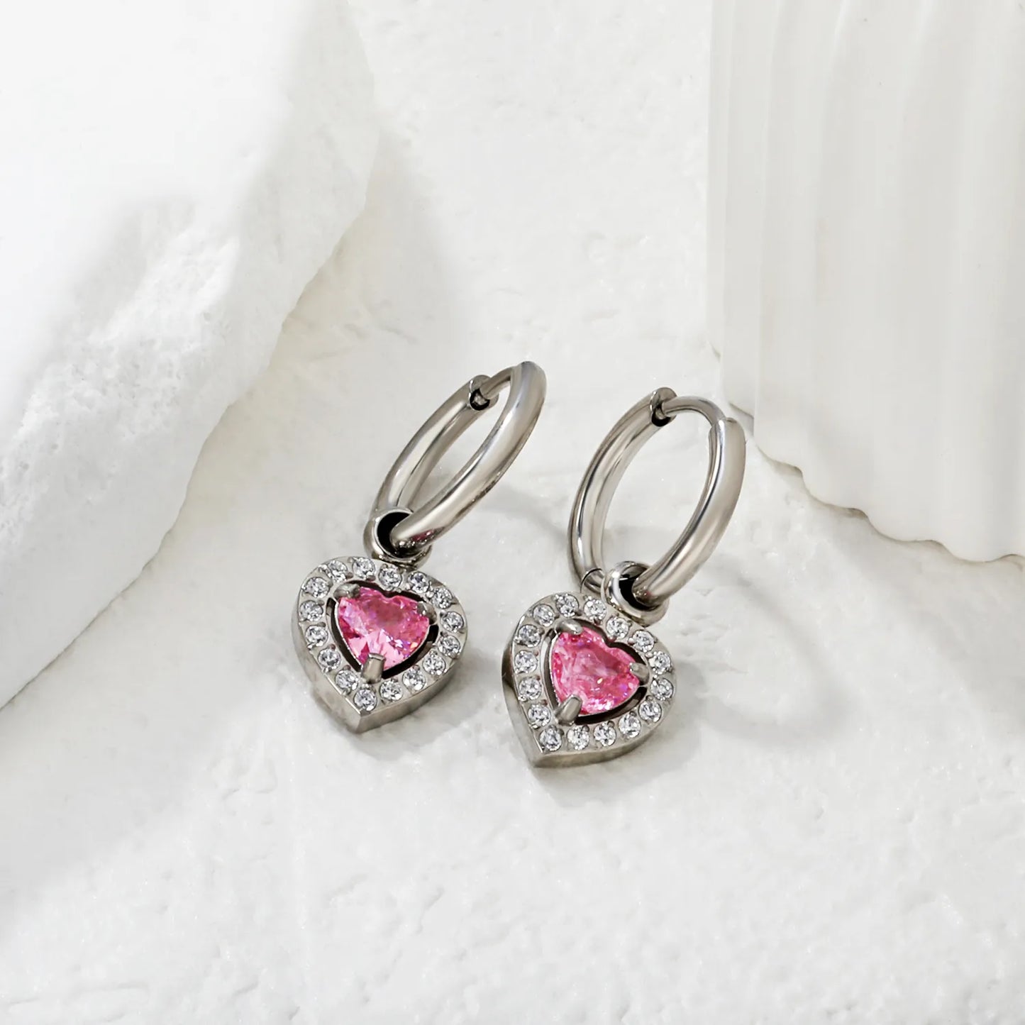Hypoallergenic Silver Tone Pink & Green Heart Gem Huggie Earring for Wholesale | MOQ 12