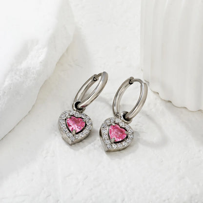 Hypoallergenic Silver Tone Pink & Green Heart Gem Huggie Earring for Wholesale | MOQ 12