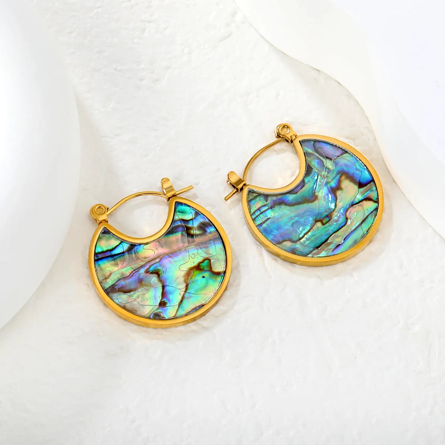 Wholesale Abalone Shell Crescent Hoop Earrings | 18K Gold Plated | MOQ 12