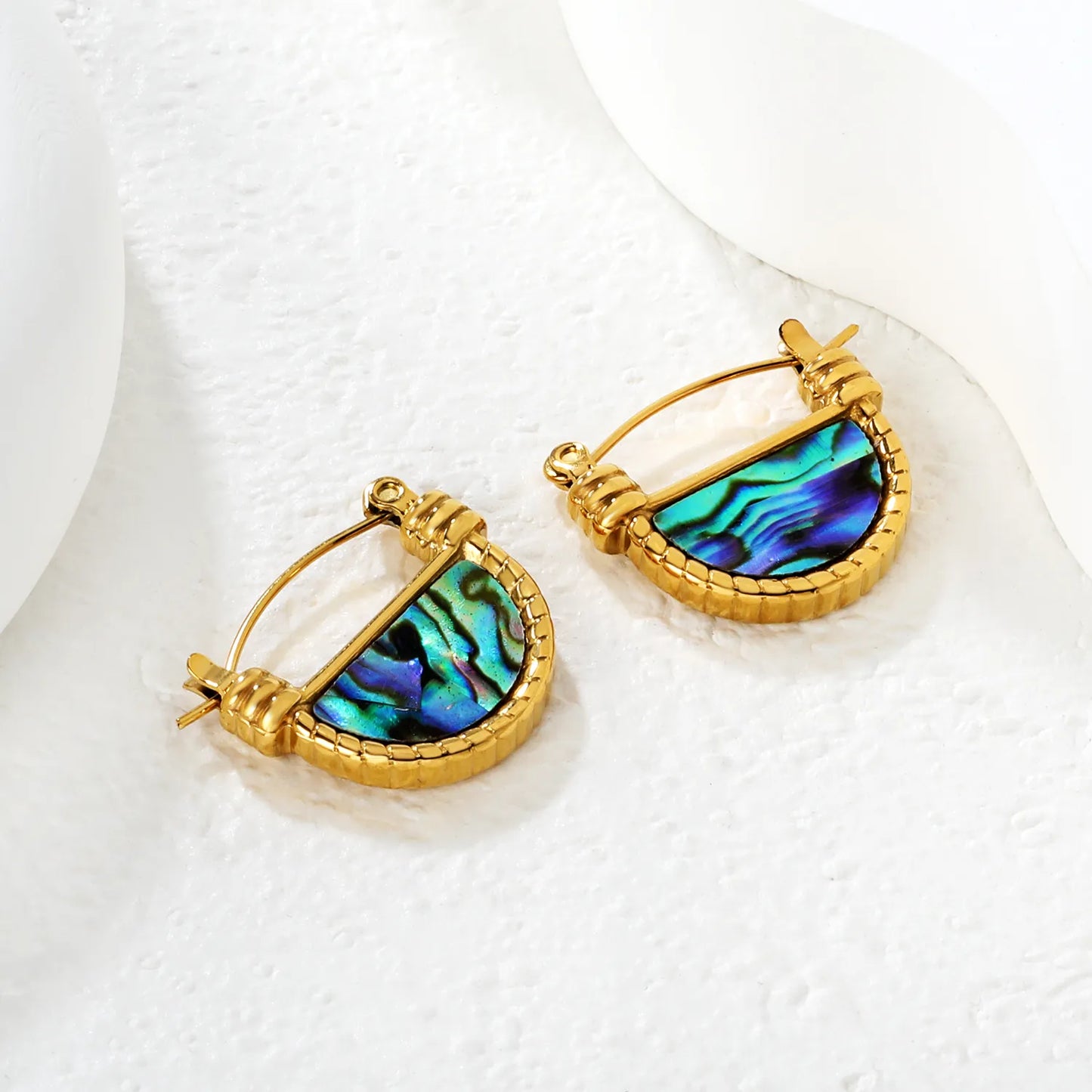 18K Gold Plated Textured Abalone Shell Mini Hoop Earrings | Wholesale Bulk Order | MOQ 12