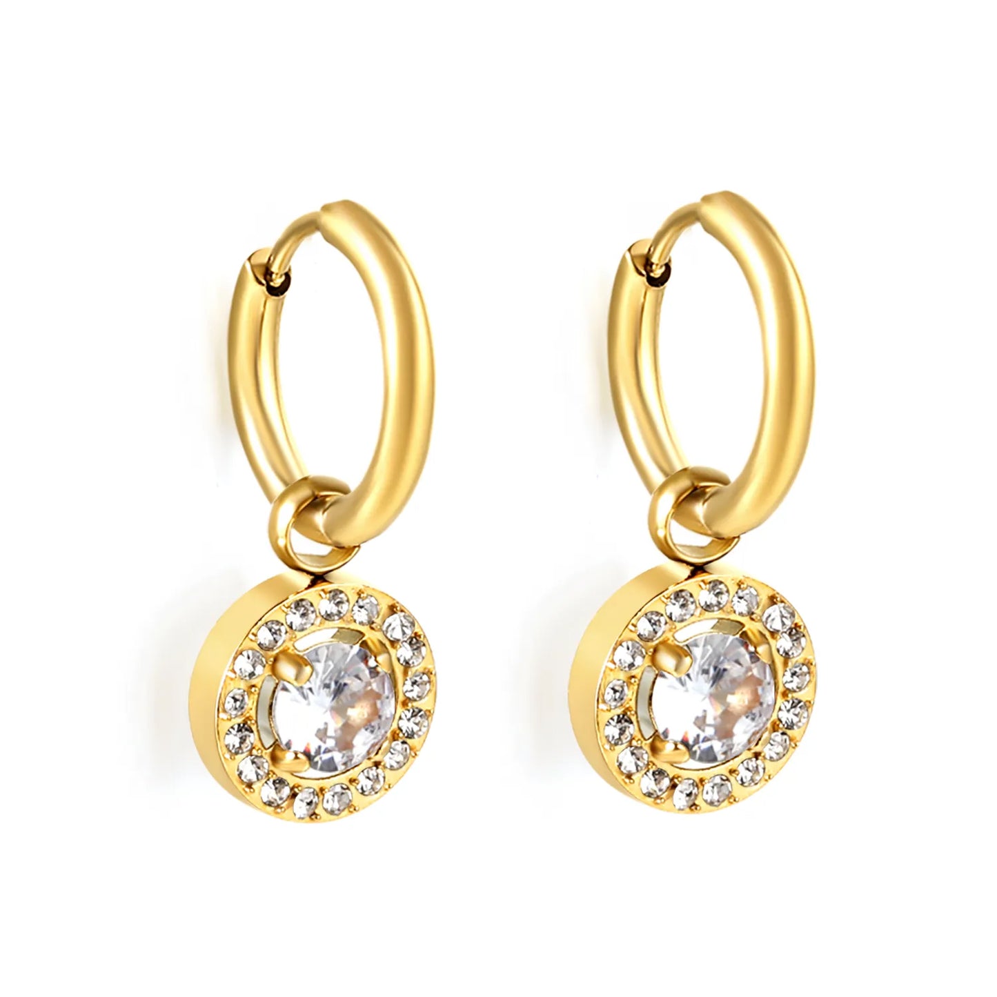 Hypoallergenic 18K Gold Plated Clear & Red Gem Halo Huggie Earring Wholesale Order MOQ 12