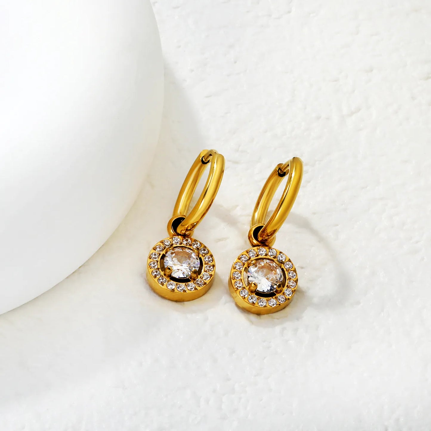 Hypoallergenic 18K Gold Plated Clear & Red Gem Halo Huggie Earring Wholesale Order MOQ 12