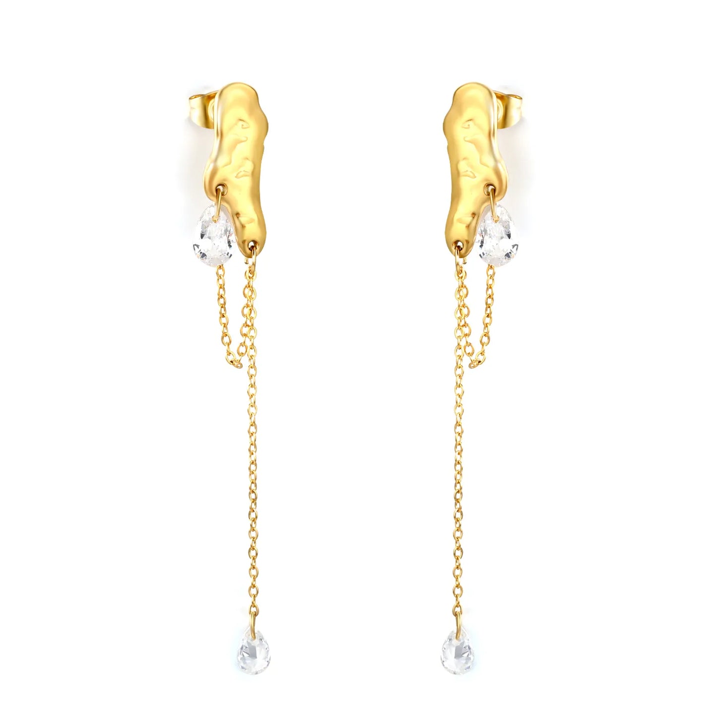 Molten Texture Teardrop Crystal Chain Drop Earrings | 18K Gold Plated | Wholesale MOQ 12