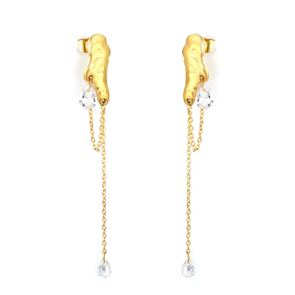Molten Texture Teardrop Crystal Chain Drop Earrings | 18K Gold Plated | Wholesale MOQ 12