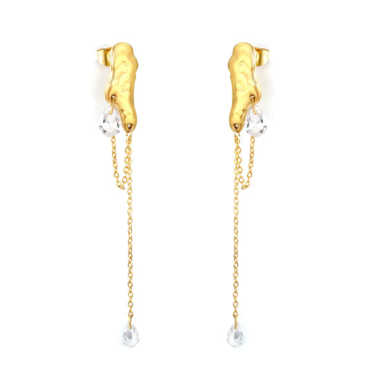 Molten Texture Teardrop Crystal Chain Drop Earrings | 18K Gold Plated | Wholesale MOQ 12