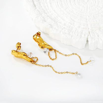 Molten Texture Teardrop Crystal Chain Drop Earrings | 18K Gold Plated | Wholesale MOQ 12