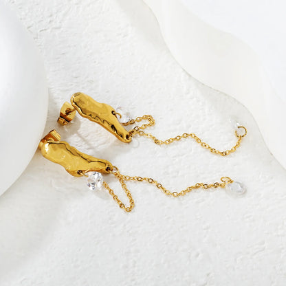 Molten Texture Teardrop Crystal Chain Drop Earrings | 18K Gold Plated | Wholesale MOQ 12