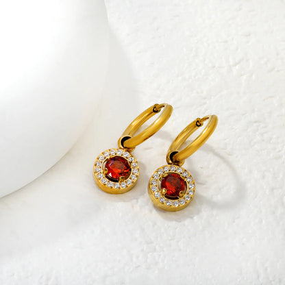 Hypoallergenic 18K Gold Plated Clear & Red Gem Halo Huggie Earring Wholesale Order MOQ 12