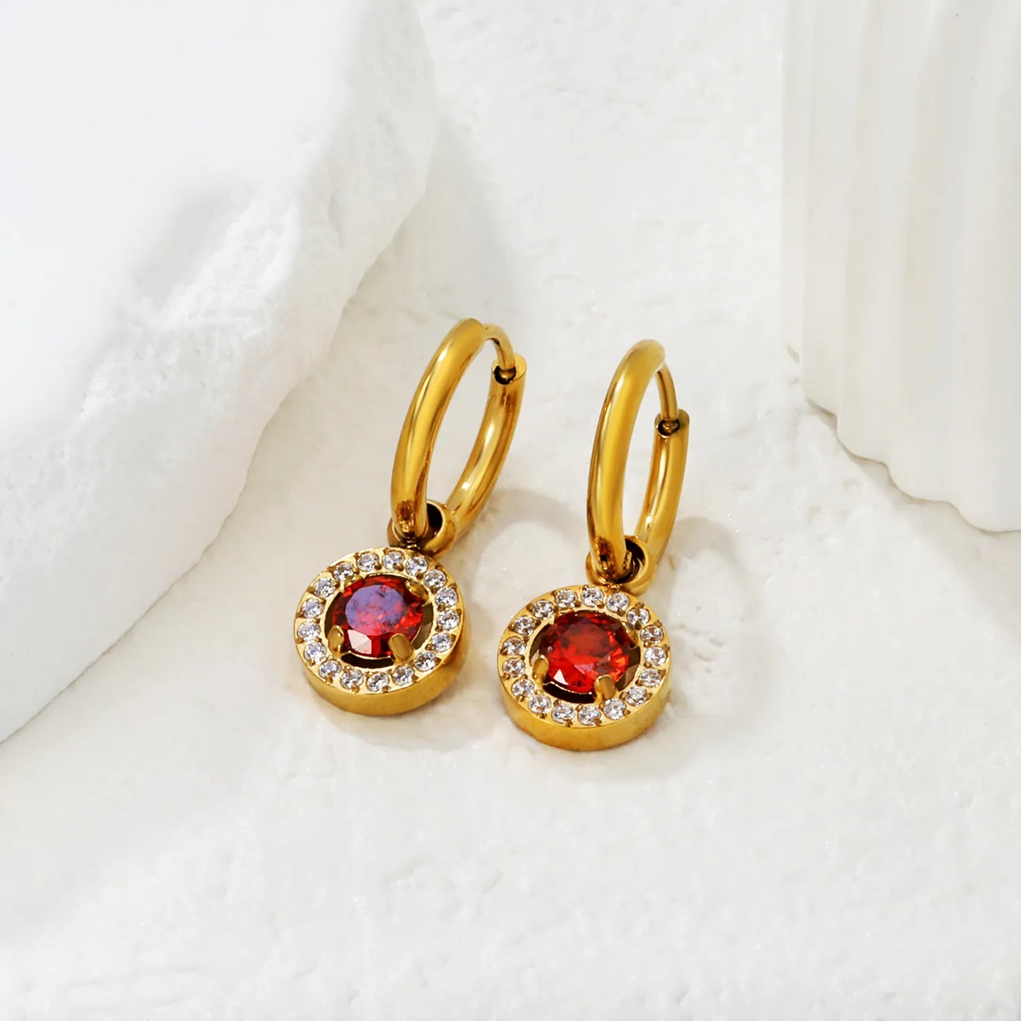 Hypoallergenic 18K Gold Plated Clear & Red Gem Halo Huggie Earring Wholesale Order MOQ 12