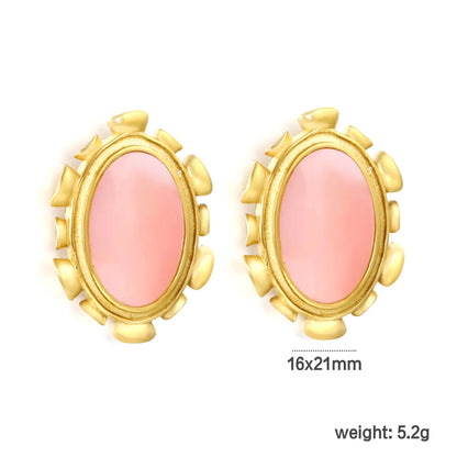 Wholesale Abalone Shell & Pink Gem Oval Stud Earrings | 18K Gold Plated | Dual Color | MOQ 12
