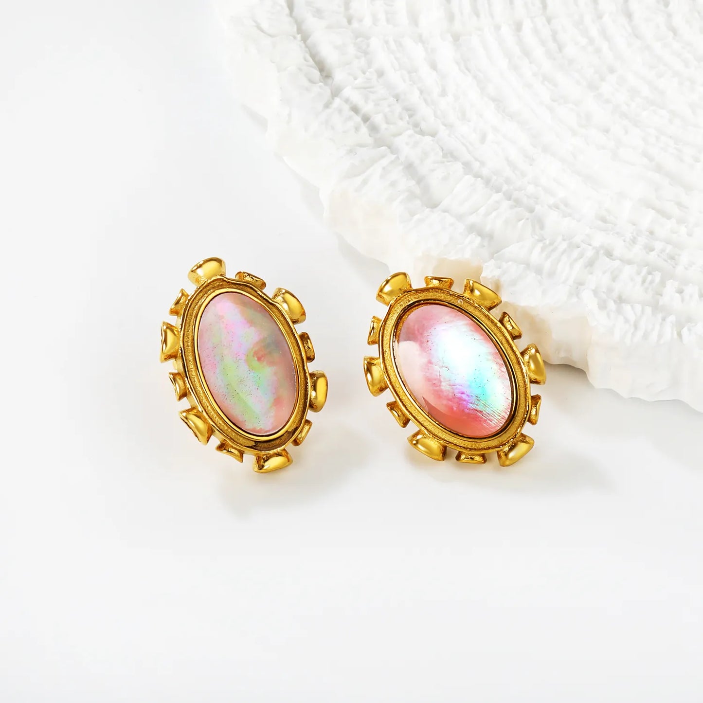 Wholesale Abalone Shell & Pink Gem Oval Stud Earrings | 18K Gold Plated | Dual Color | MOQ 12