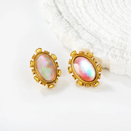 Wholesale Abalone Shell & Pink Gem Oval Stud Earrings | 18K Gold Plated | Dual Color | MOQ 12