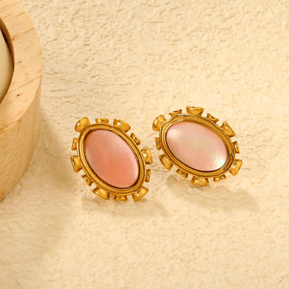 Wholesale Abalone Shell & Pink Gem Oval Stud Earrings | 18K Gold Plated | Dual Color | MOQ 12