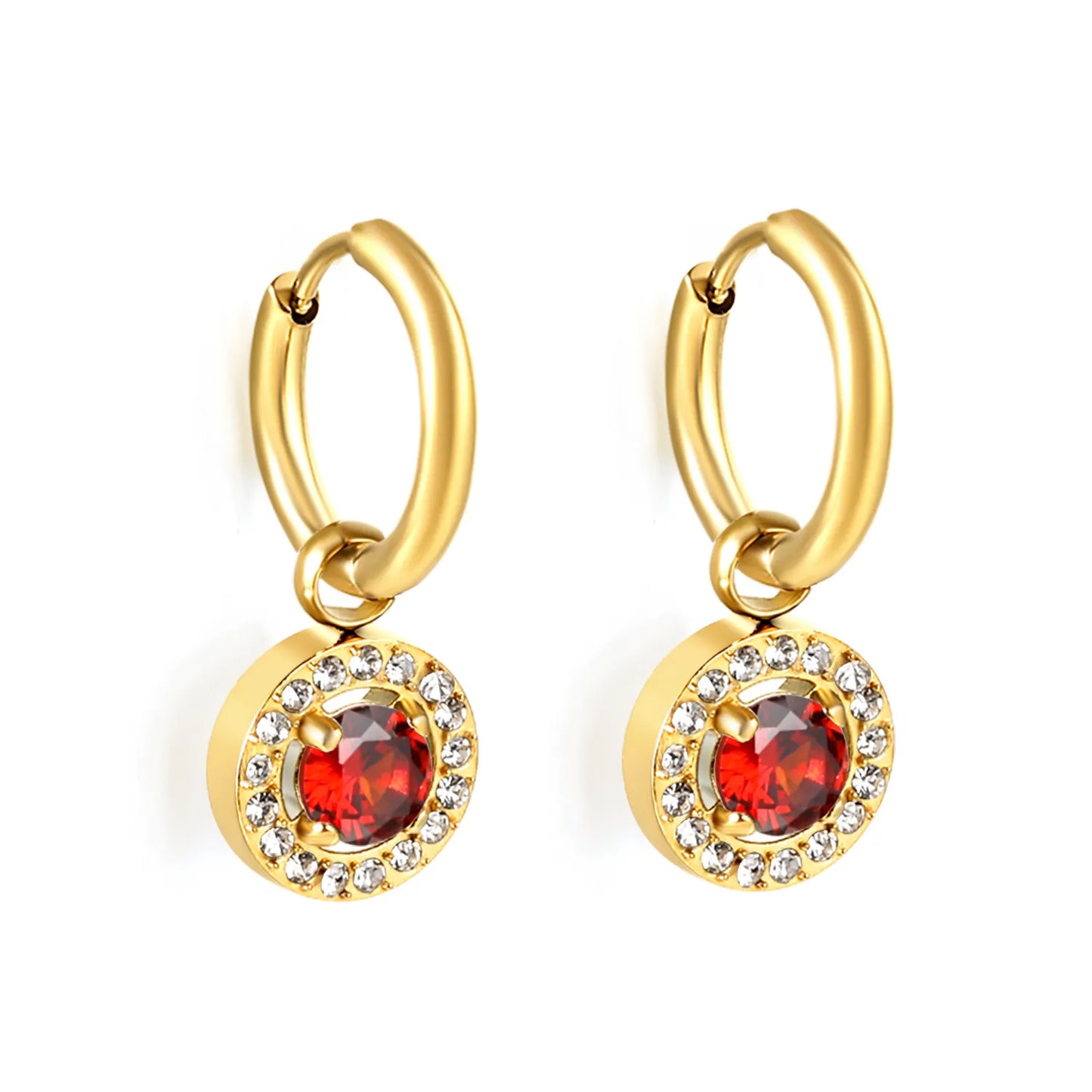 Hypoallergenic 18K Gold Plated Clear & Red Gem Halo Huggie Earring Wholesale Order MOQ 12