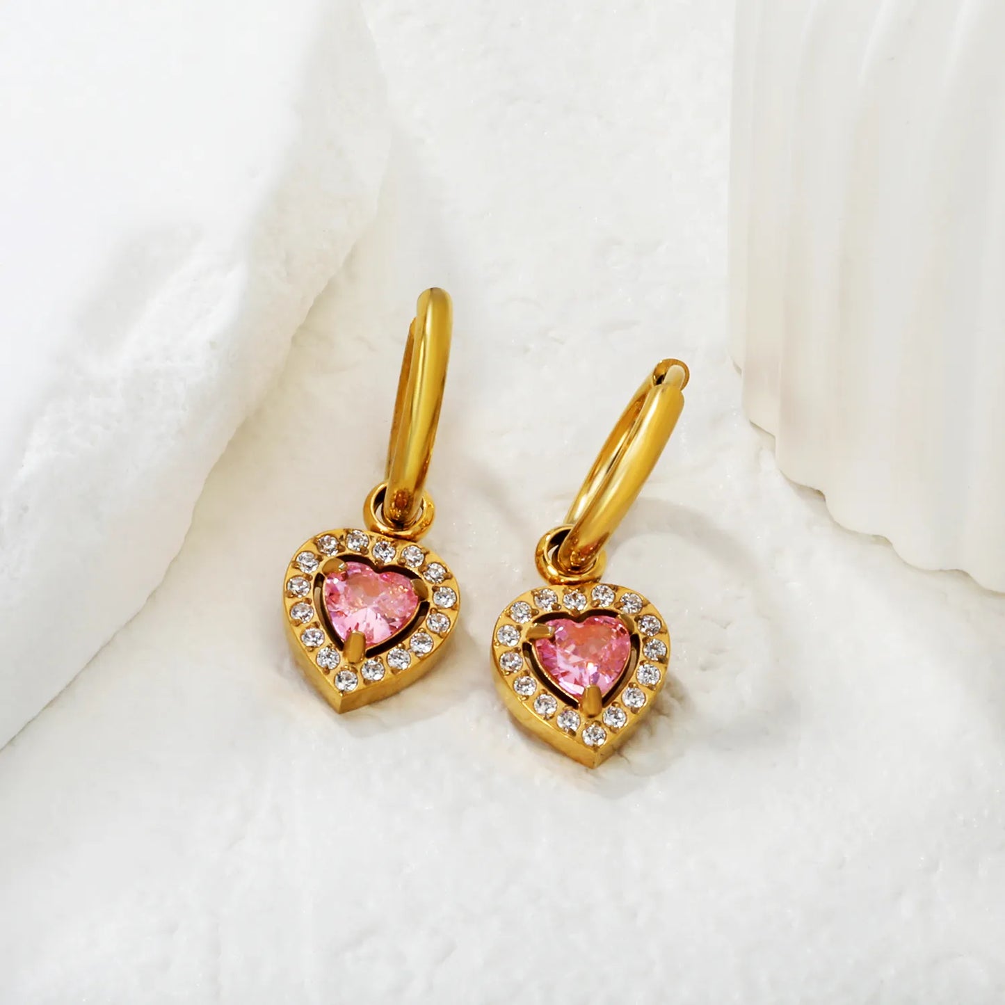 18K Gold Plated Red/Pink/Green Heart Gem Huggie Earrings for Wholesale Bulk Order MOQ 12