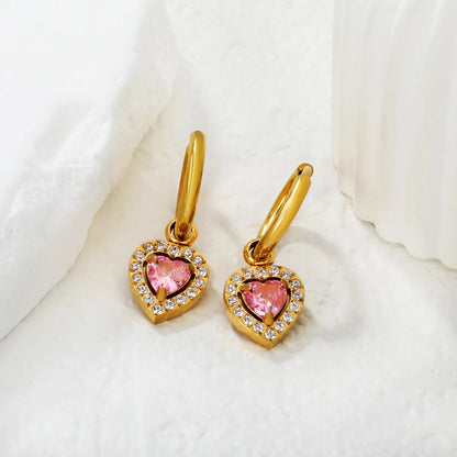 18K Gold Plated Red/Pink/Green Heart Gem Huggie Earrings for Wholesale Bulk Order MOQ 12
