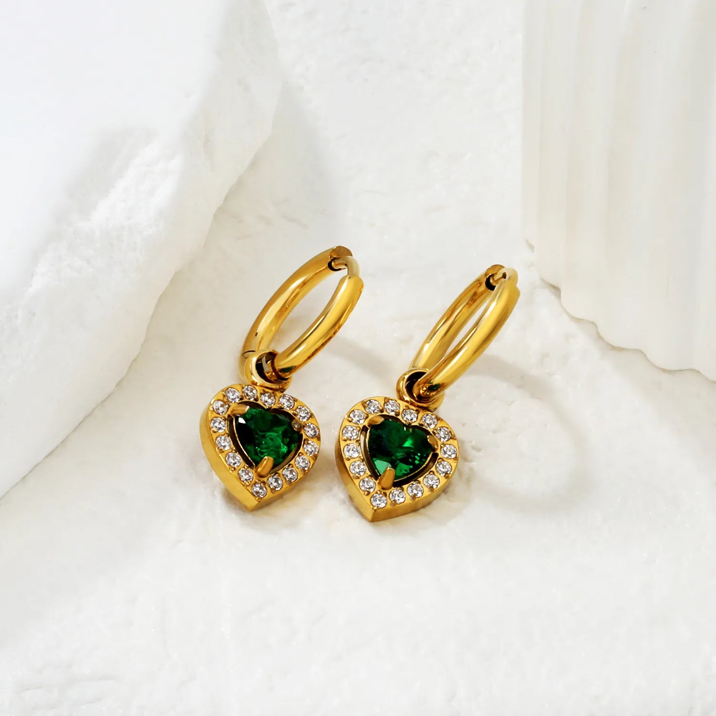 18K Gold Plated Red/Pink/Green Heart Gem Huggie Earrings for Wholesale Bulk Order MOQ 12