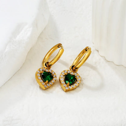 18K Gold Plated Red/Pink/Green Heart Gem Huggie Earrings for Wholesale Bulk Order MOQ 12