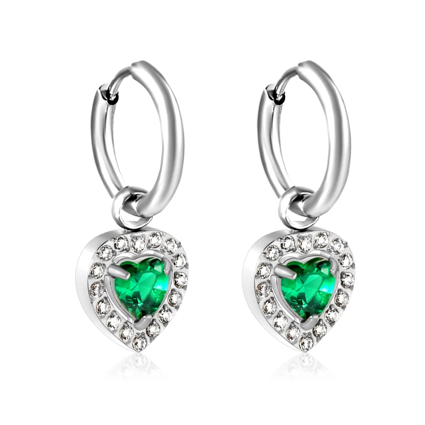 Hypoallergenic Silver Tone Pink & Green Heart Gem Huggie Earring for Wholesale | MOQ 12