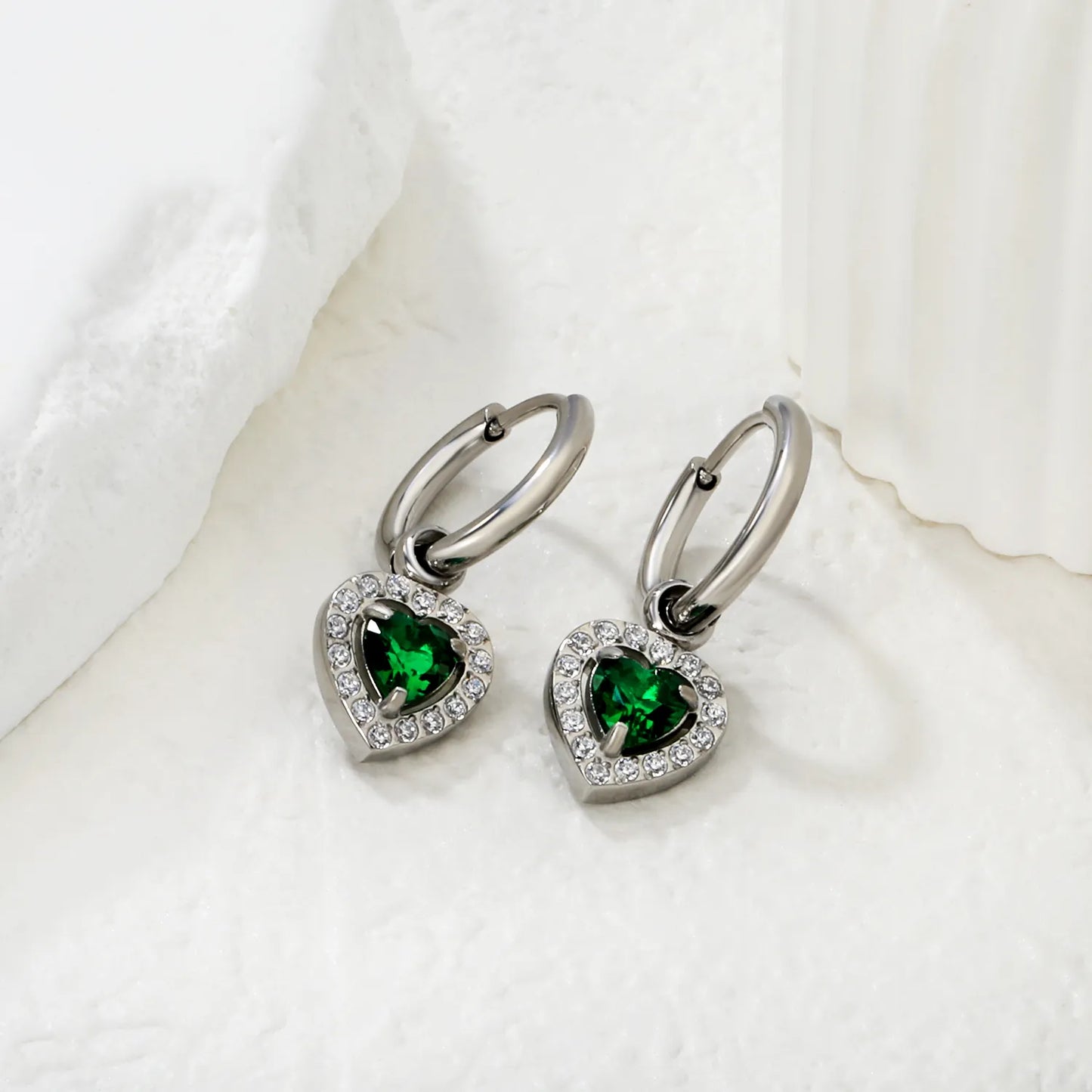 Hypoallergenic Silver Tone Pink & Green Heart Gem Huggie Earring for Wholesale | MOQ 12