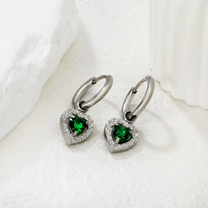Hypoallergenic Silver Tone Pink & Green Heart Gem Huggie Earring for Wholesale | MOQ 12