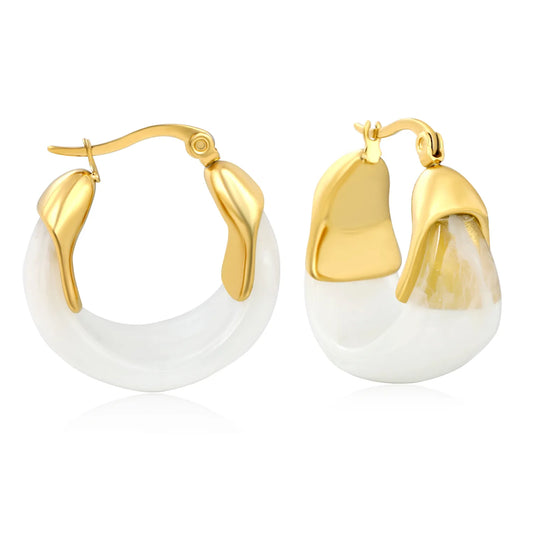 Wholesale Bulk Order Resin Hoop Earrings White Black Amber with Gold Accents – 18K Gold Plated Statement Earrings | MOQ 12