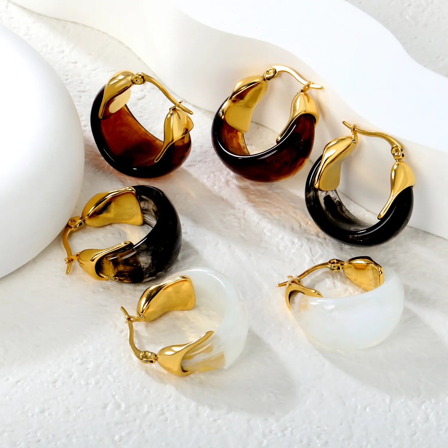 Wholesale Bulk Order Resin Hoop Earrings White Black Amber with Gold Accents – 18K Gold Plated Statement Earrings | MOQ 12