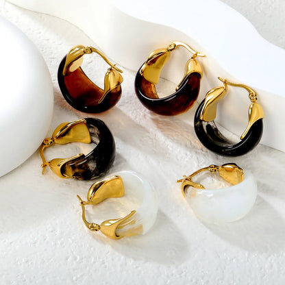 Wholesale Bulk Order Resin Hoop Earrings White Black Amber with Gold Accents – 18K Gold Plated Statement Earrings | MOQ 12
